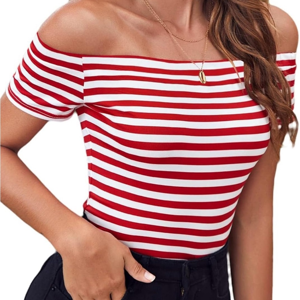 Red and White Fitted Short Sleeve Bodysuit